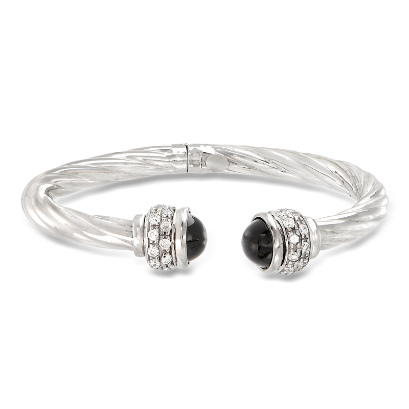 Sterling silver twisted cuff bracelet with black onyx and clear CZ accents