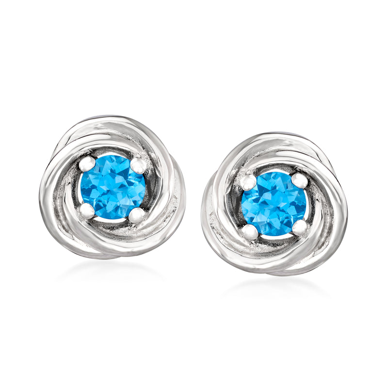Sterling silver twist stud earrings with blue Swiss topaz, round setting and post backs