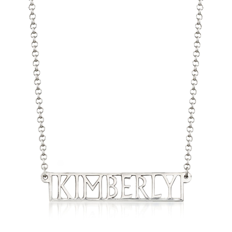Sterling silver personalized name necklace with 'KIMBERLY' bar pendant and link chain