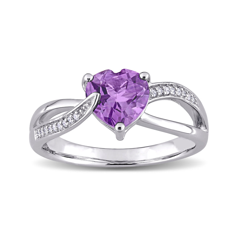 Sterling silver heart-cut amethyst ring with diamond accents, three-stone style setting