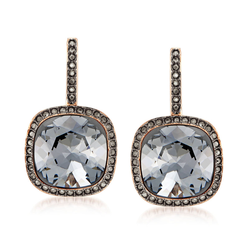 Swarovski Latitude rose gold drop earrings with black crystal oval bezel and clear faceted stones