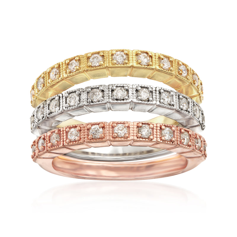 Three-ring tri-colored sterling silver diamond set with polished bands and small stones