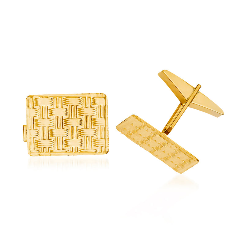 14kt yellow gold basketweave rectangular cuff links with hinged bars