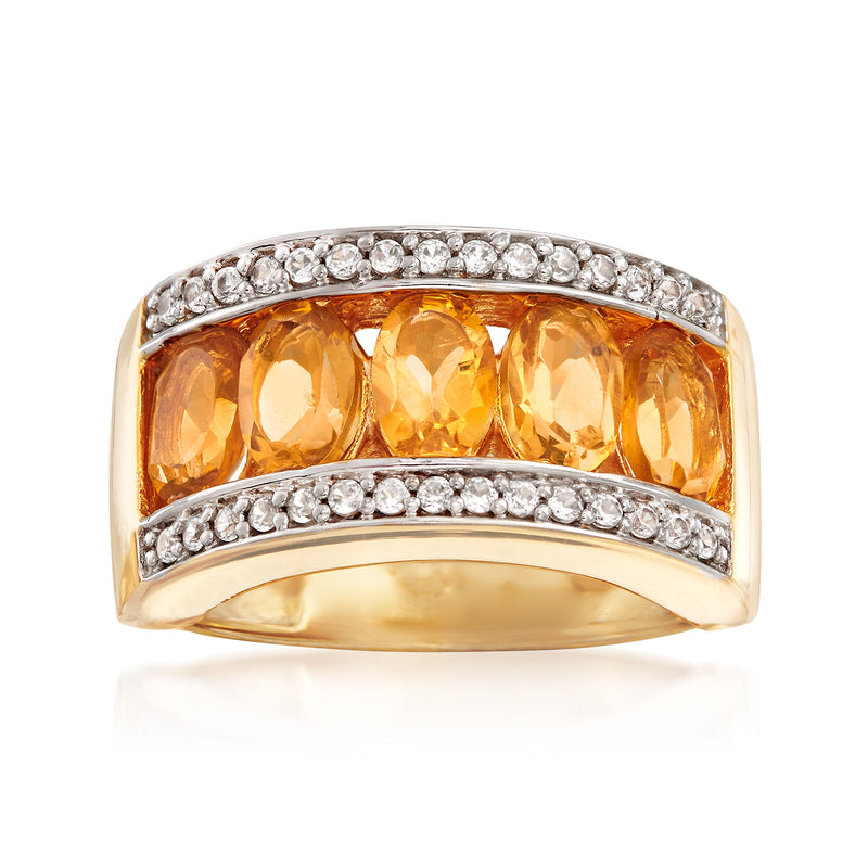 Citrine and white zircon ring in gold over sterling with five oval stones