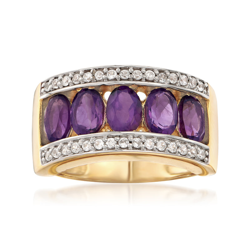 18k gold over sterling ring with oval amethyst gemstones and white zircon halo details