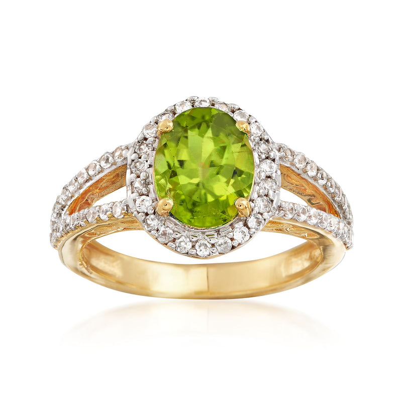 18kt gold over sterling silver ring with oval peridot center and white zircon halo