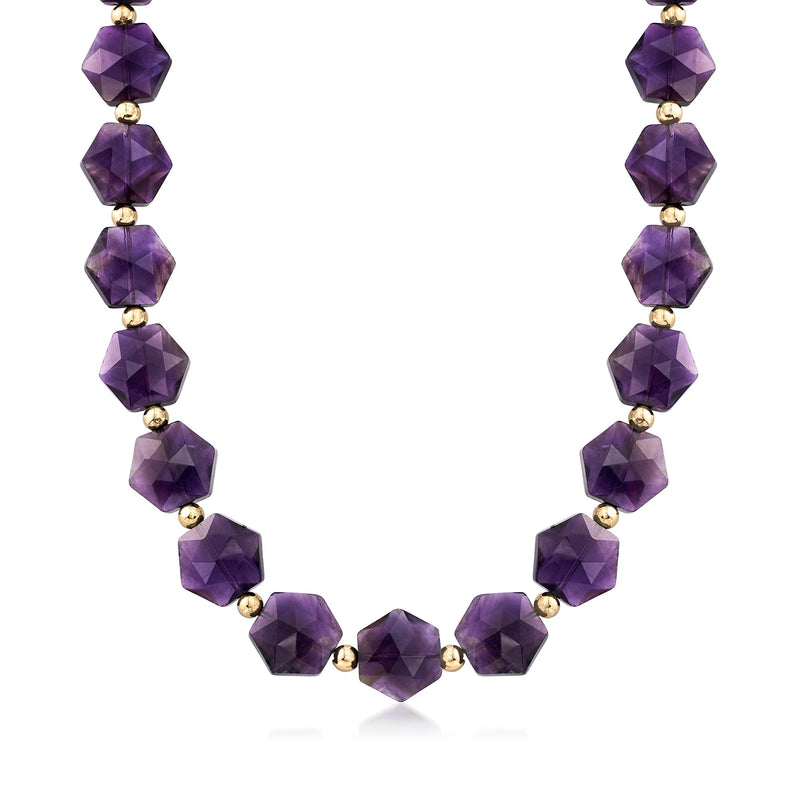 Amethyst bead necklace with faceted purple stones and 14kt yellow gold links