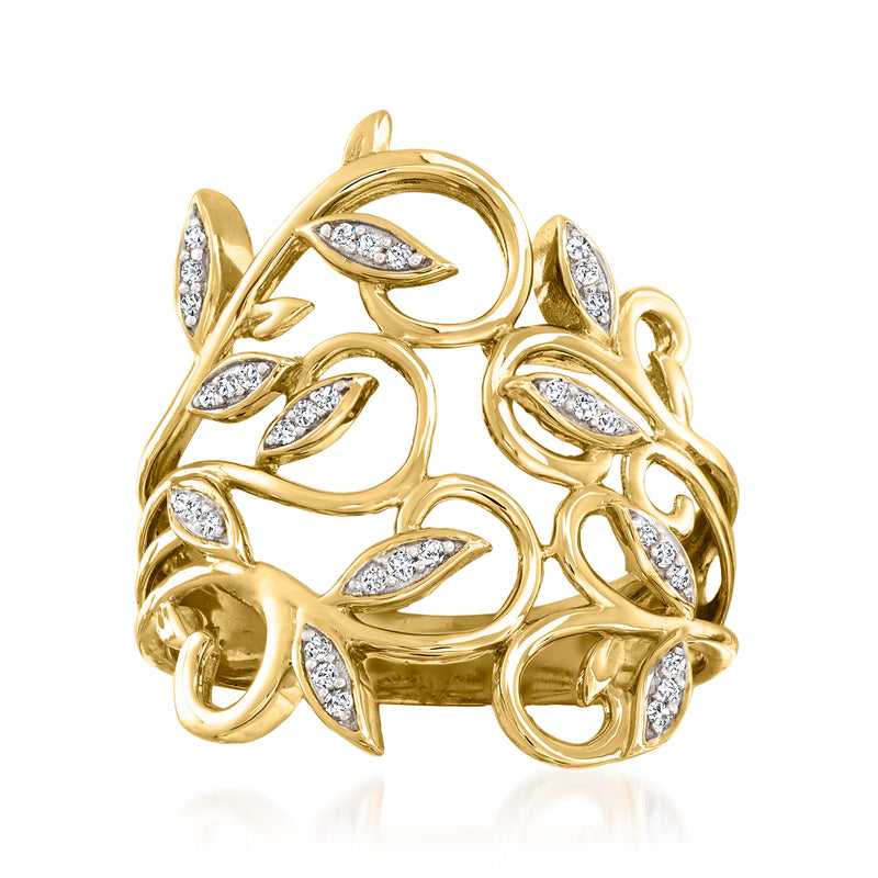 14kt yellow gold leaf diamond ring with marquise-cut stones