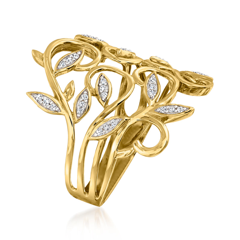 14kt yellow gold leaf diamond ring, openwork with marquise-cut stones