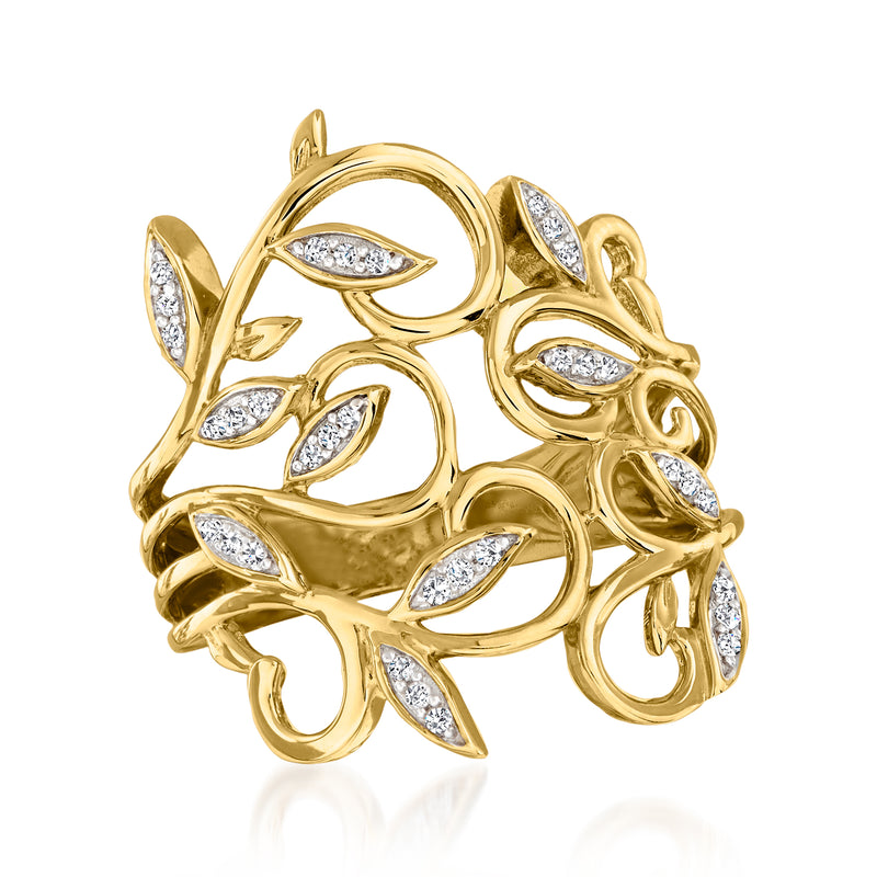 14kt yellow gold leaf diamond ring with swirling openwork and marquise-cut stones