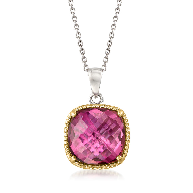 Quartz pendant necklace with cushion-cut pink stone in gold bezel, silver chain