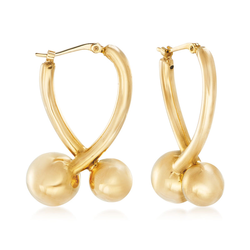 14kt yellow gold hoop earrings with bead-capped spherical drop details