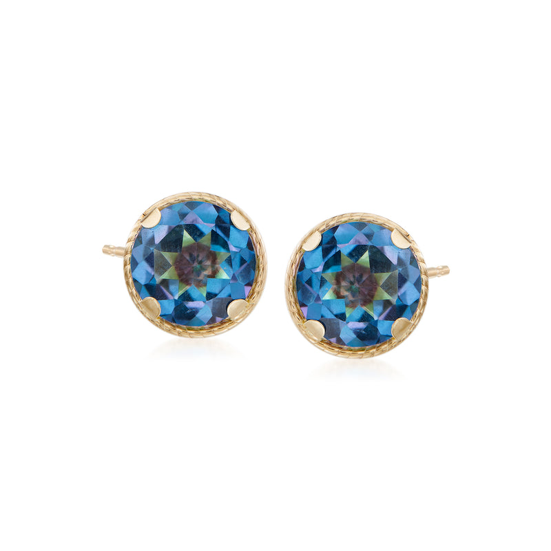Mystic blue quartz stud earrings in 14kt yellow gold, round bezel setting