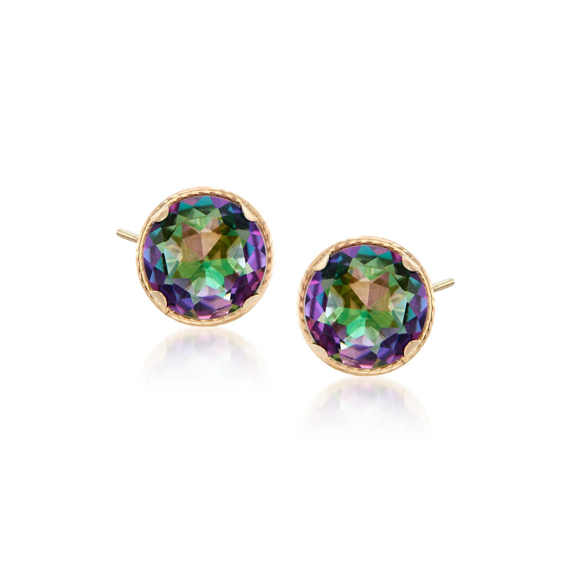 14kt yellow gold stud earrings with round multicolor mystic quartz gemstones