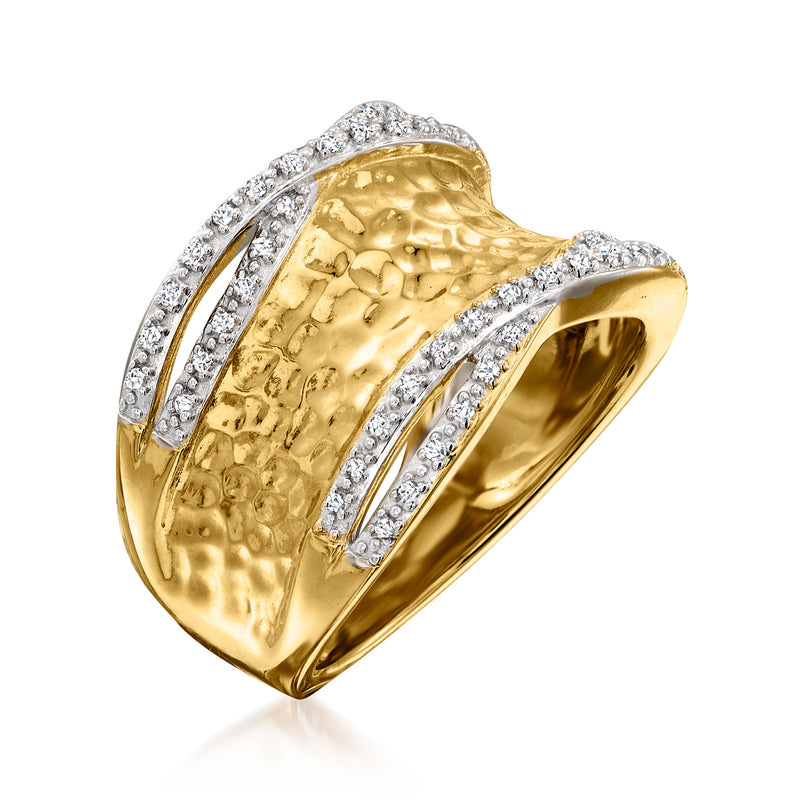 Hammered gold ring with diamond-accented curved bands