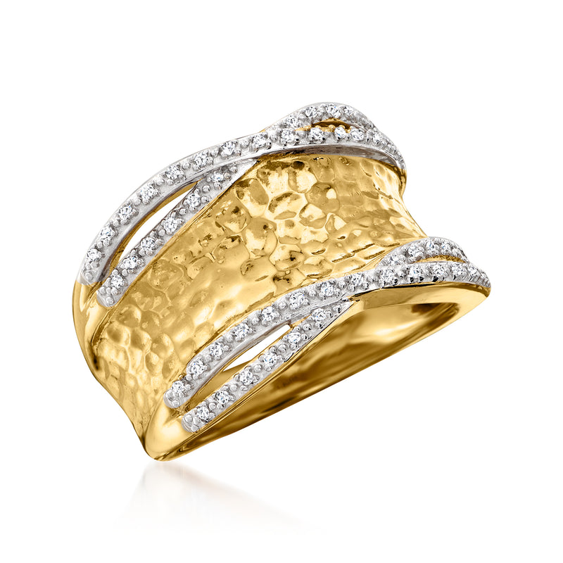 Hammered gold-tone diamond ring with curved pavé accents