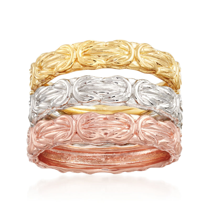 Three-stack ring set with Byzantine pattern, gold, silver, and rose-tone bands