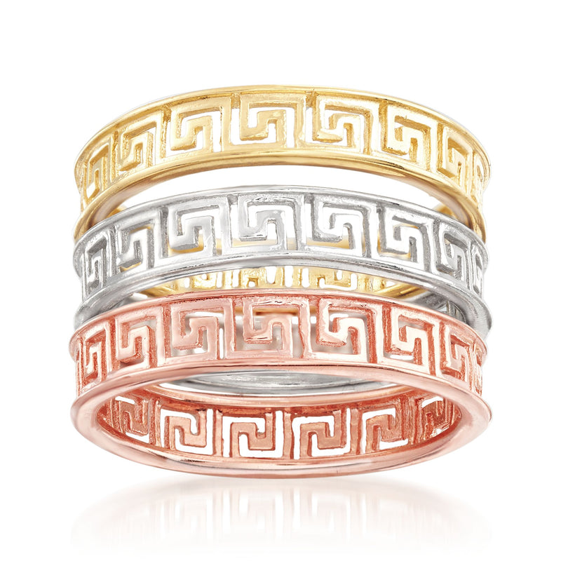 Tri-colored sterling silver Greek key stackable rings set: gold, silver, rose bands