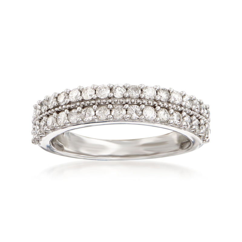 Sterling silver two-row diamond band with round stones on top