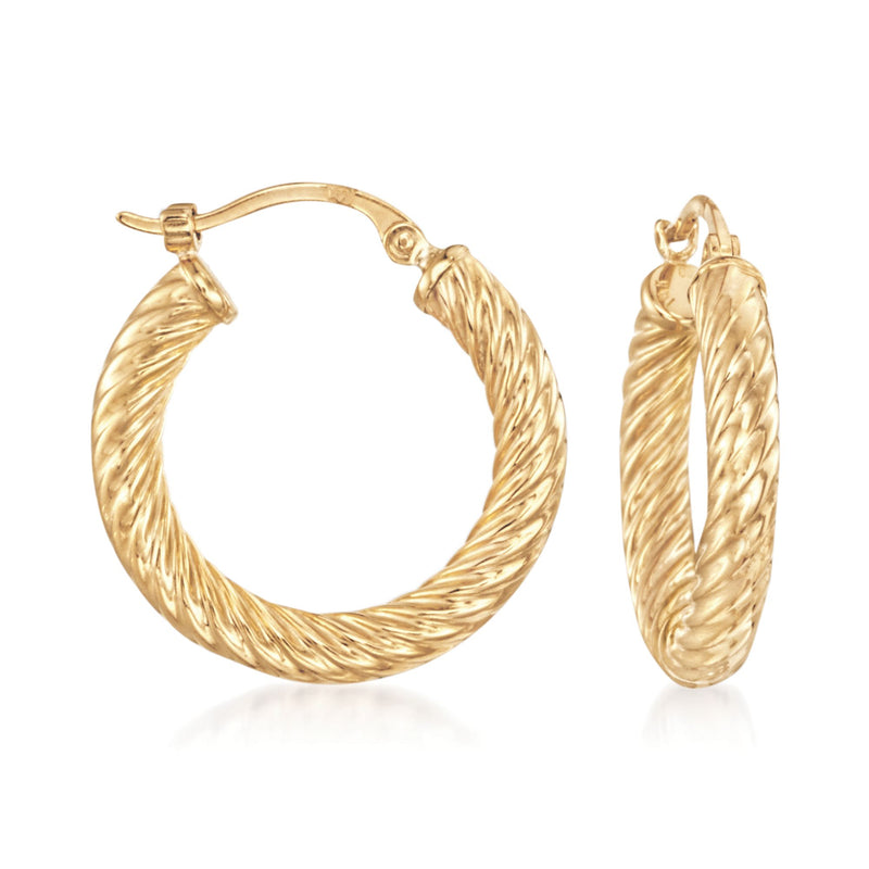 Twisted 14kt yellow gold hoop earrings, braided texture, clasp backs