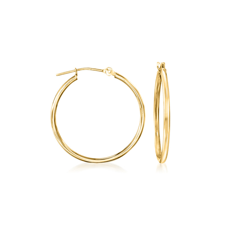 14kt yellow gold hoop earrings, round hinged hoop with clasp, polished finish