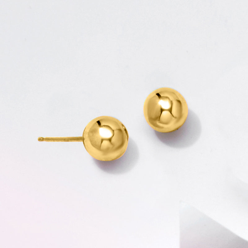 Polished yellow gold ball stud earrings with round face and straight post backs