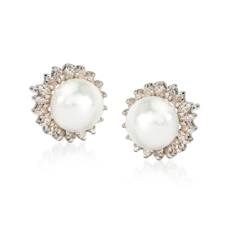 Cultured pearl diamond stud earrings, 7mm white pearl in white gold with halo stones