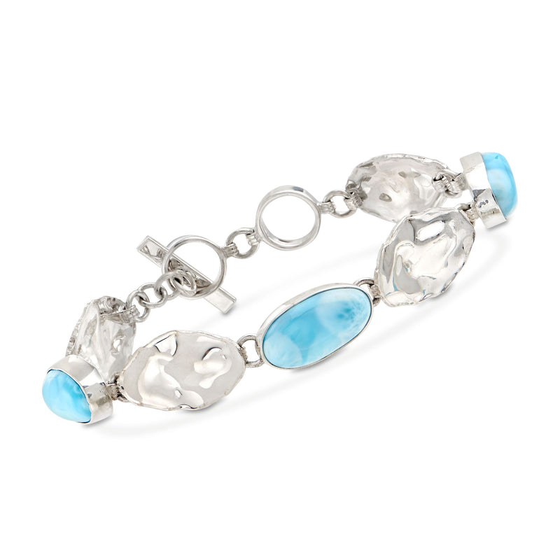 Sterling silver larimar bracelet with bezel-set oval blue stones and toggle clasp