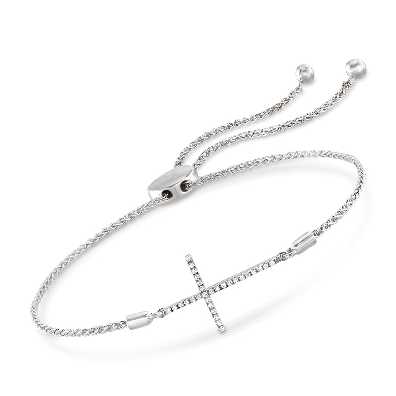 Sterling silver bolo bracelet with sideways cross charm and small diamond accents