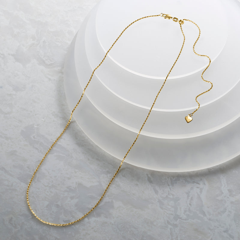 14kt yellow gold rope-chain necklace with heart charm on long chain