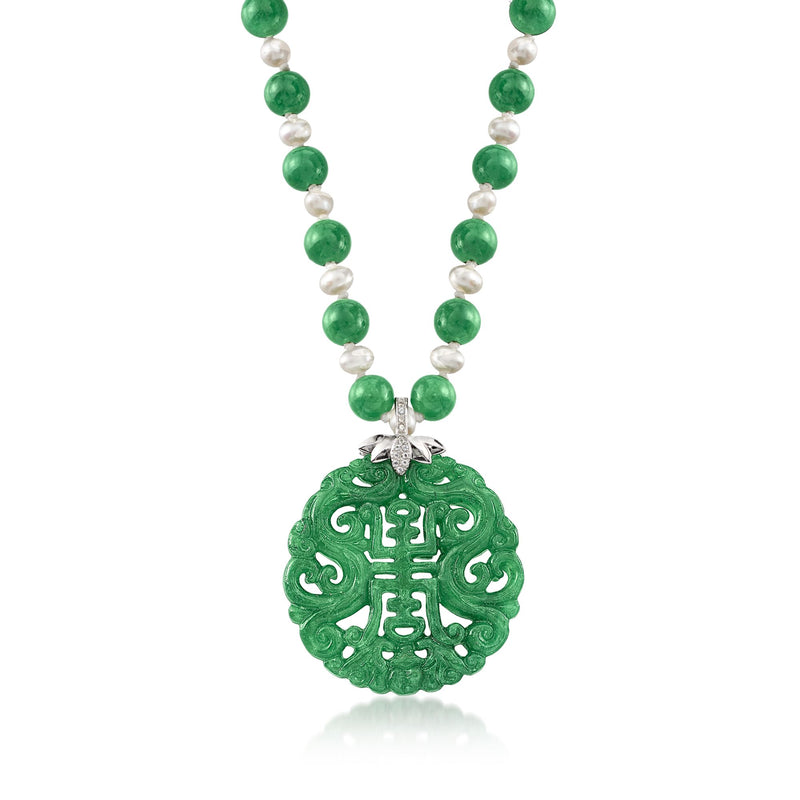 Green jade bead pendant necklace with pearl accents and white topaz in sterling silver