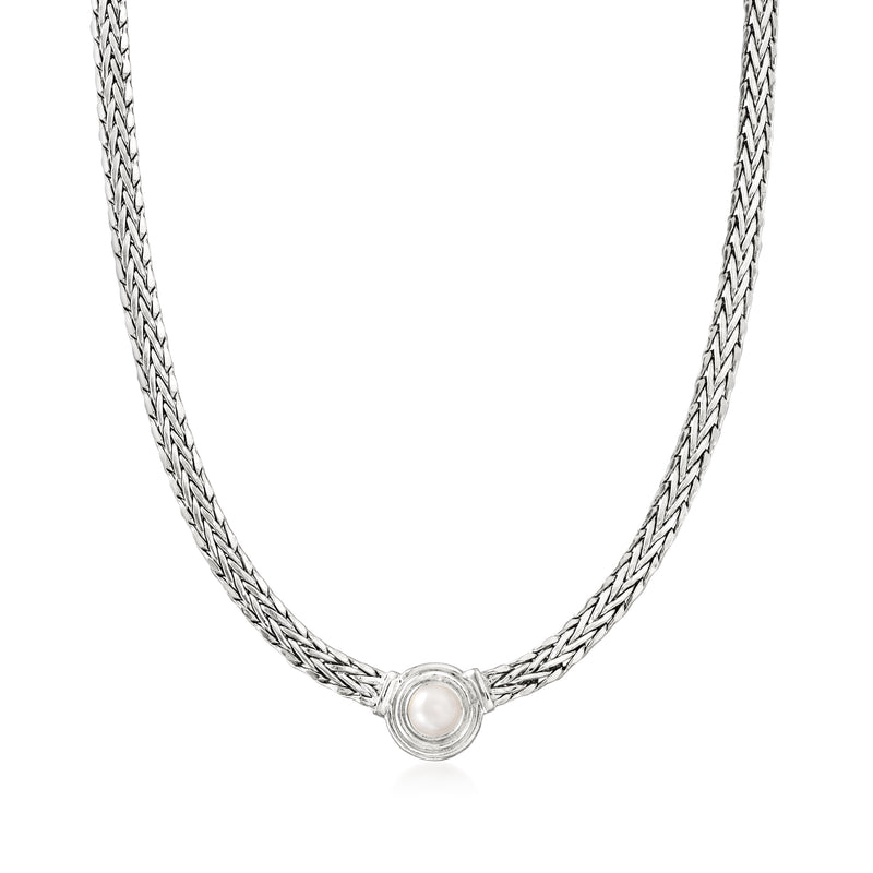 Sterling silver wheat-chain necklace with round 8mm cultured pearl pendant