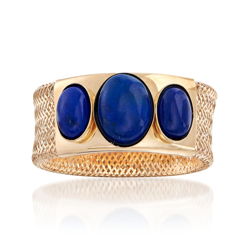 14kt yellow gold mesh ring with three blue oval lapis stones