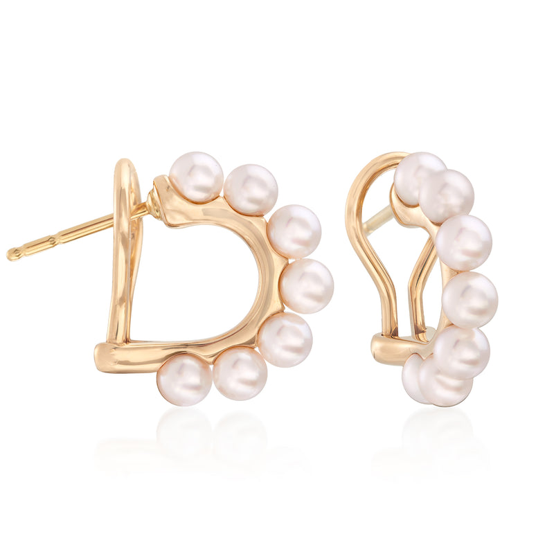 18kt yellow gold hoop earrings with round Akoya pearls and hinged backs