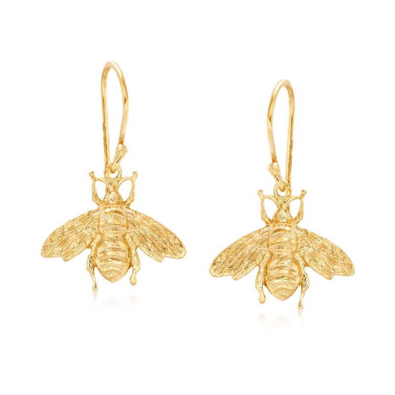Yellow gold over silver bumblebee drop earrings with earwire hooks, small winged bee charms