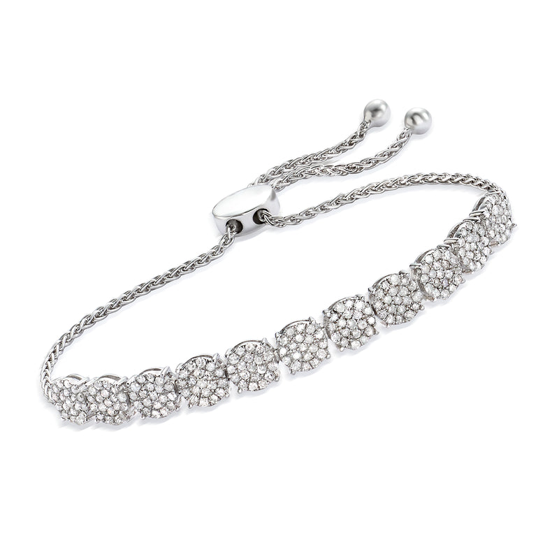 Sterling silver bolo bracelet with oval diamond-cluster row and chain links