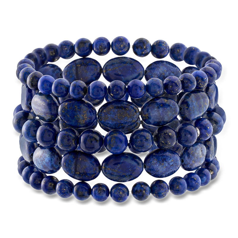 Blue lapis bead stretch bracelet set, five stackable bands with round beads