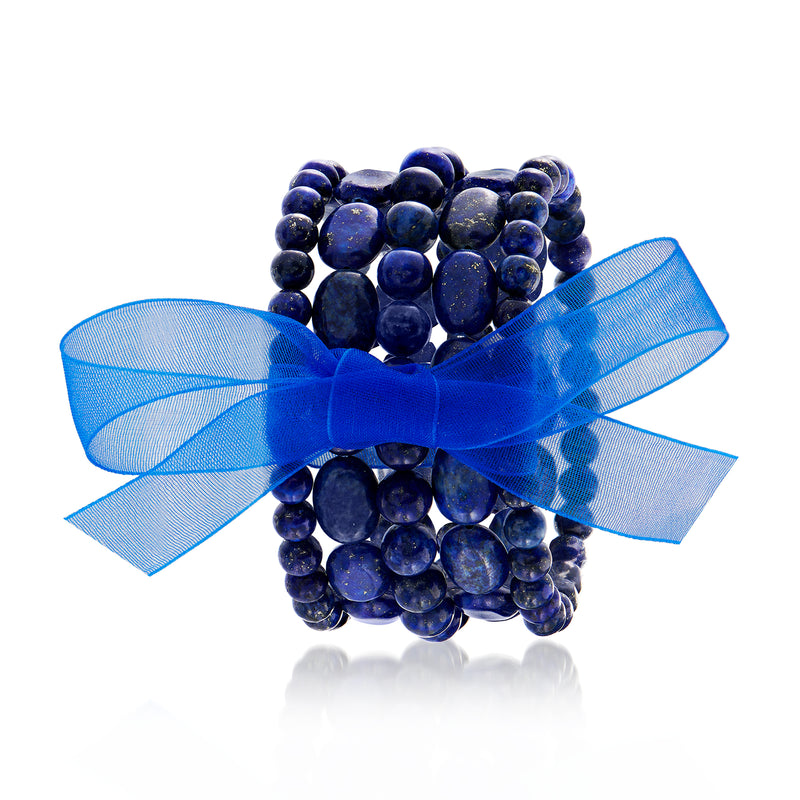 Blue lapis bead stretch bracelet set with matching blue ribbon bow on round bead bands