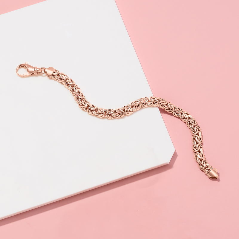 Rose gold over sterling silver Byzantine bracelet end with clasp and link chain