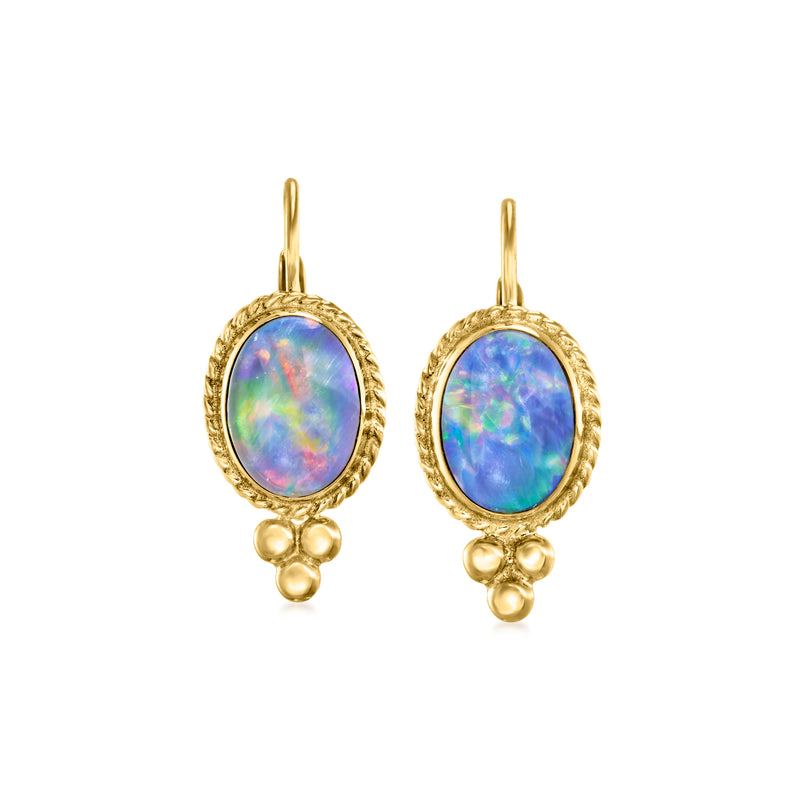 14kt yellow gold leverback drop earrings with oval blue opal-like stones and 3 bead drops