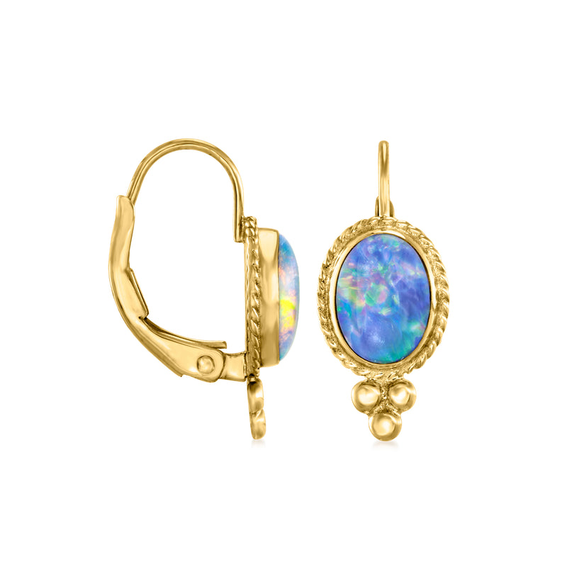 Yellow gold leverback drop earrings, showing hinged backs and oval blue opal-like stones