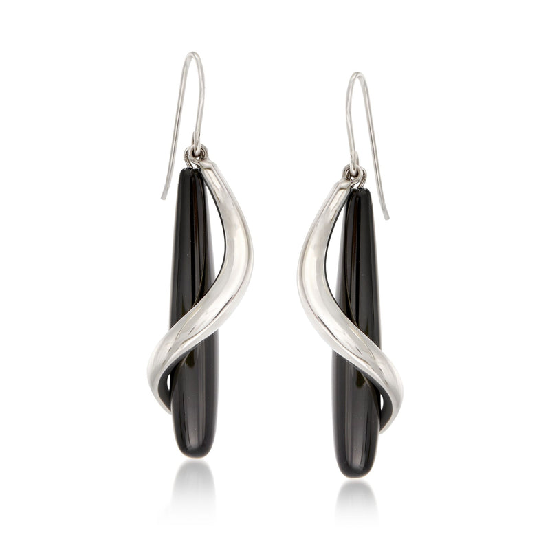 Sterling silver teardrop onyx spiral drop earrings, curved earwire hooks