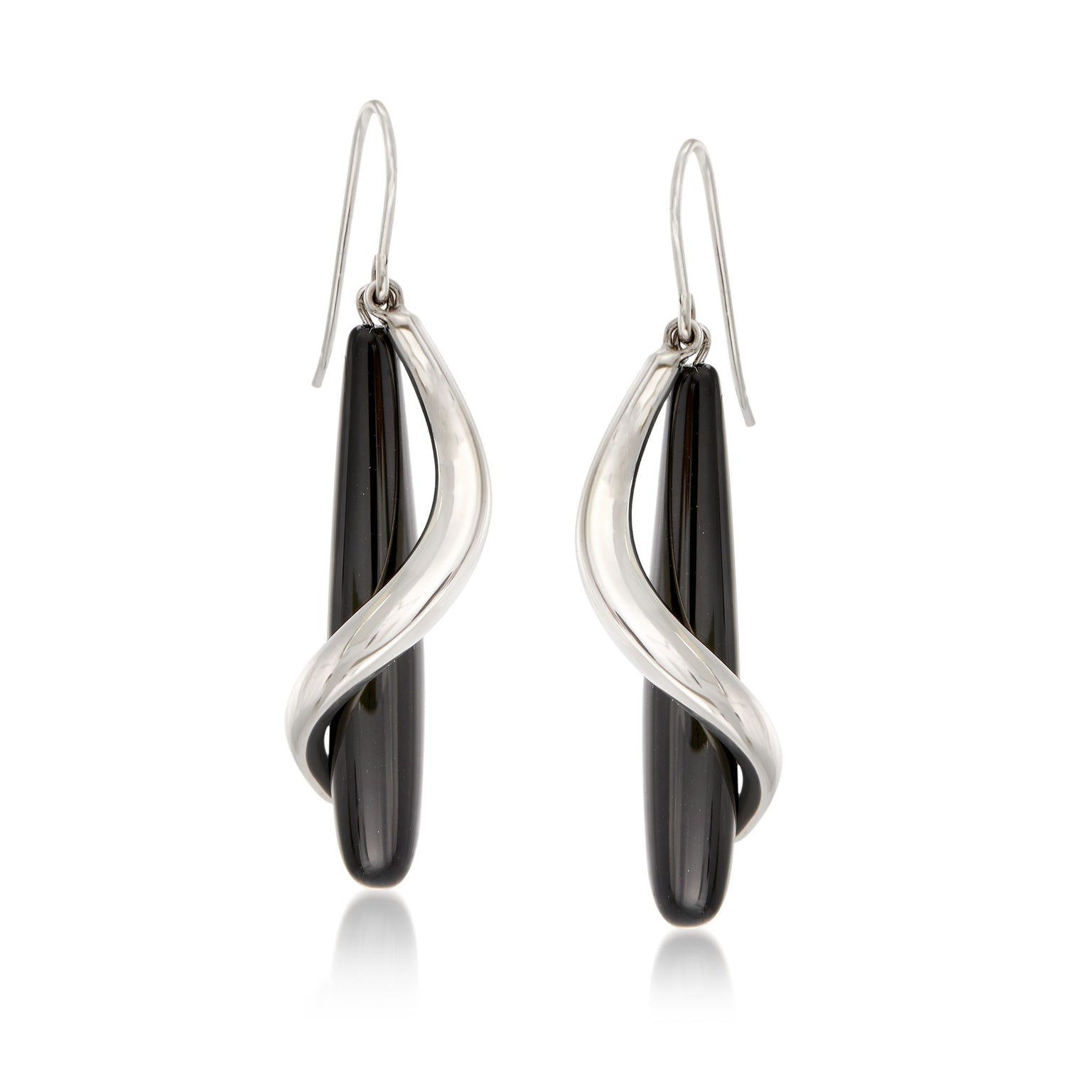 Black Onyx Teardrop and Sterling Silver Spiral Drop Earrings