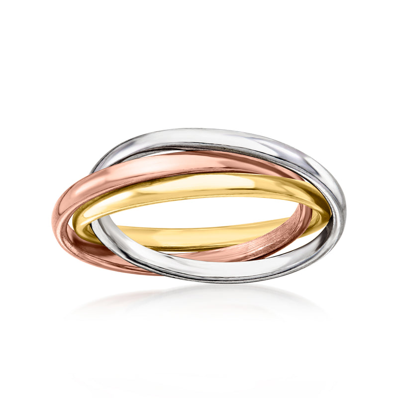 Three-tone rolling ring with silver, gold, and rose-toned bands