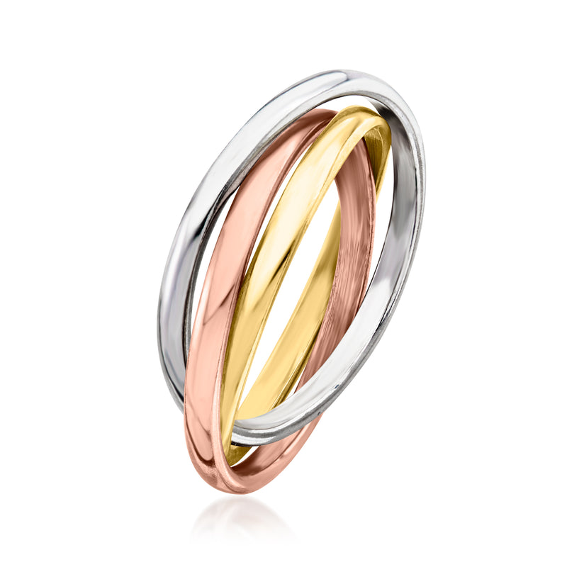 Three-tone rolling ring, silver outer band with gold and rose-toned inner bands