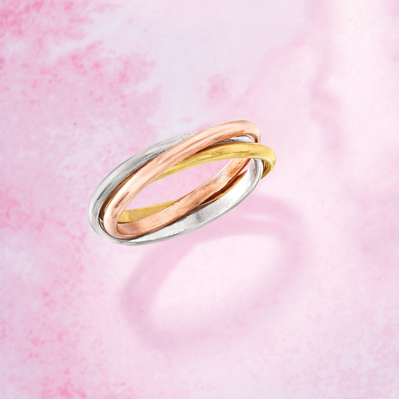 Small three-tone rolling ring with silver, gold, and rose-toned bands