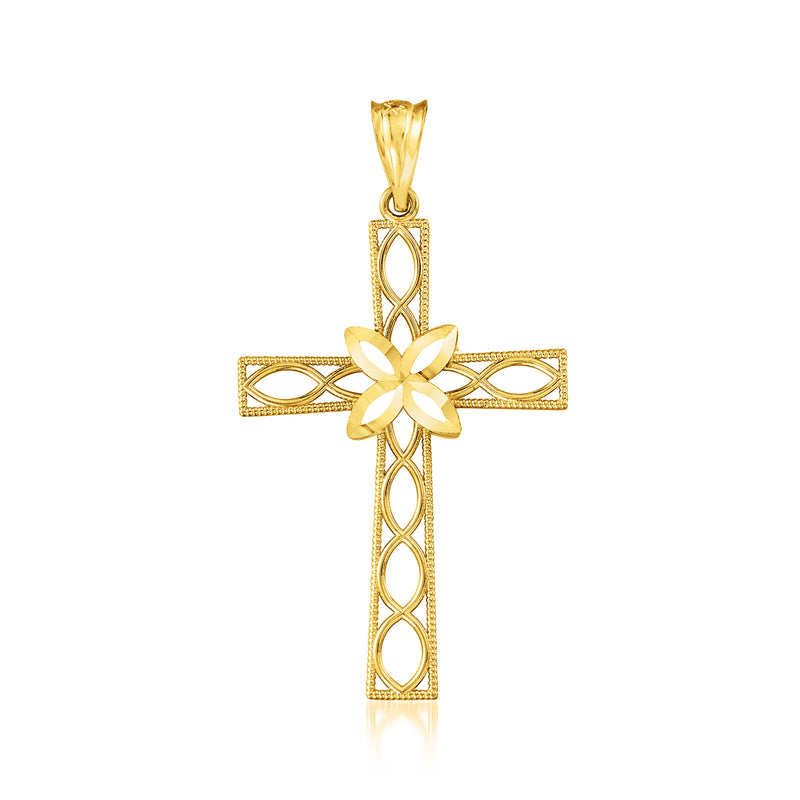 Yellow gold openwork cross pendant with floral center and oval cutouts