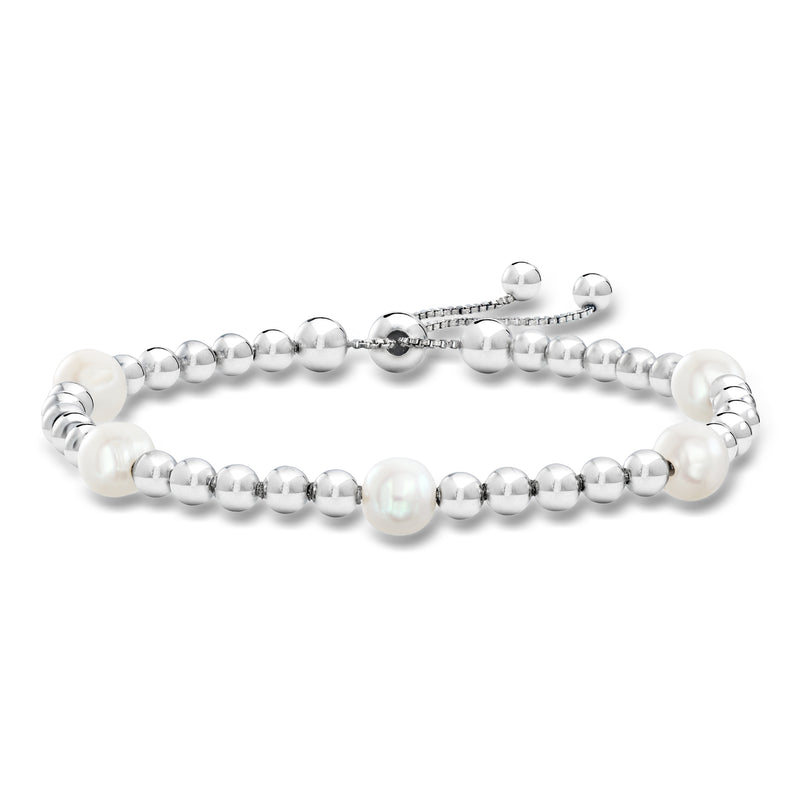 Sterling silver bead bolo bracelet with white cultured pearl accents and clasp slider