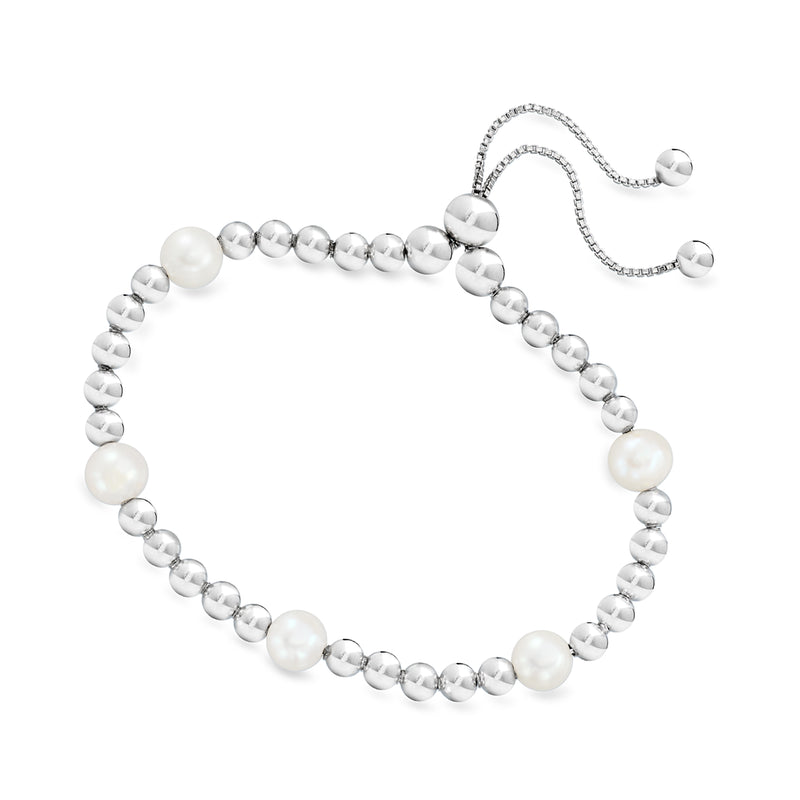 White cultured pearl and sterling silver bead bolo bracelet with adjustable chain