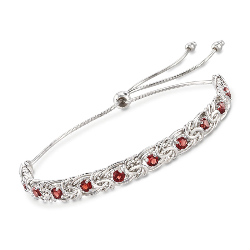 Sterling silver Byzantine bolo bracelet with red garnet oval link accents